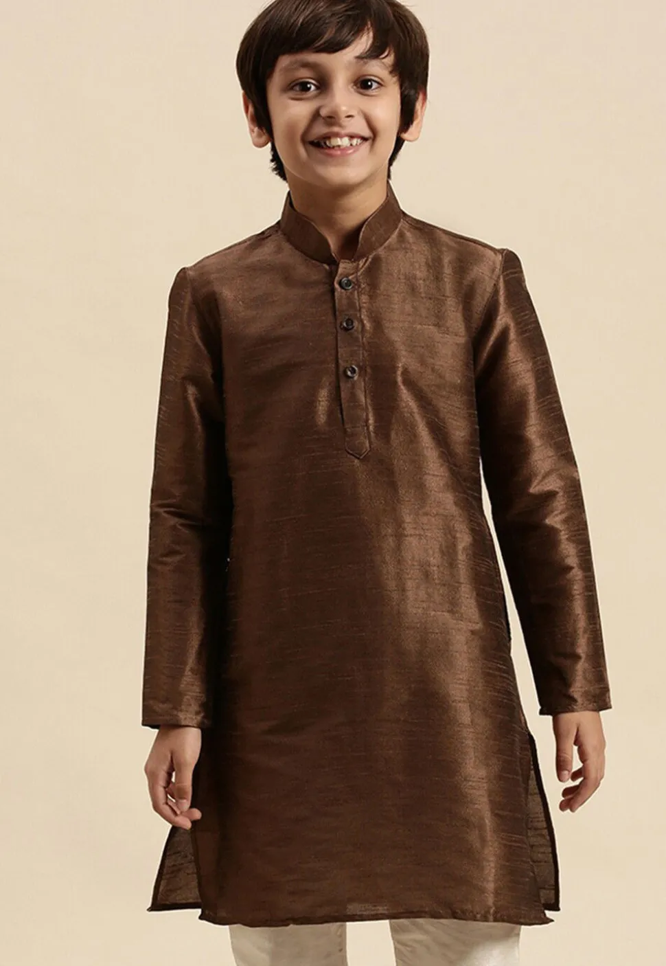 Solid Color Dupion Silk Kurta in Brown