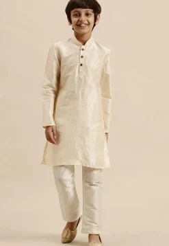 Solid Color Dupion Silk Kurta Pyjama Set in Cream