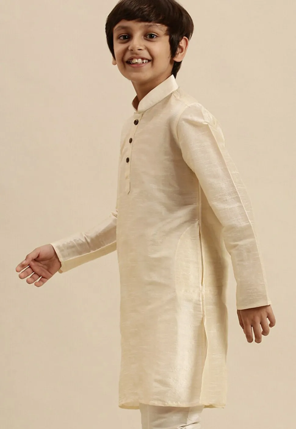 Solid Color Dupion Silk Kurta Pyjama Set in Cream