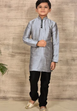Solid Color Dupion Silk Kurta Set in Grey