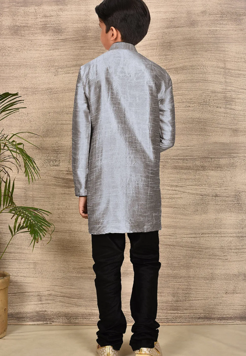 Solid Color Dupion Silk Kurta Set in Grey