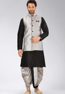 Solid Color Dupion Silk Kurta Jacket Set in Black