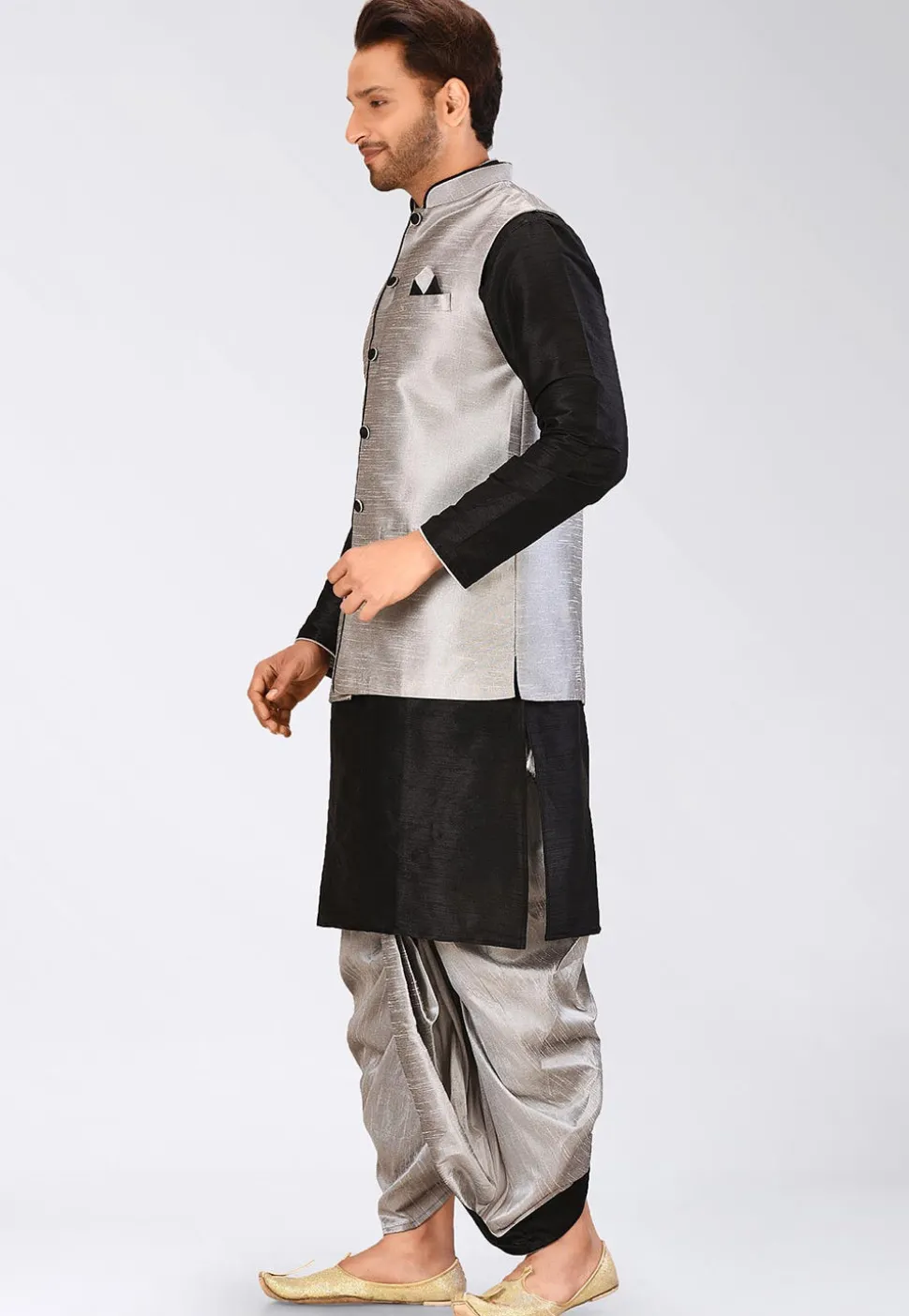Solid Color Dupion Silk Kurta Jacket Set in Black