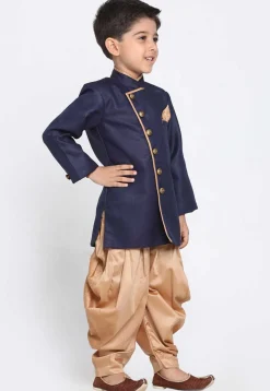 Solid Color Dupion Silk Kurta Set in Navy Blue