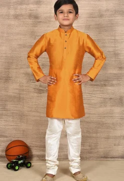 Solid Color Dupion Silk Kurta Set in Mustard