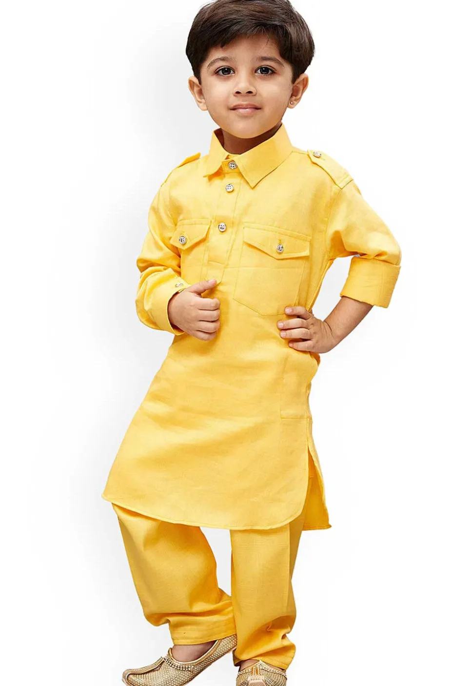 Solid Color Dupion Silk Kurta Set in Yellow