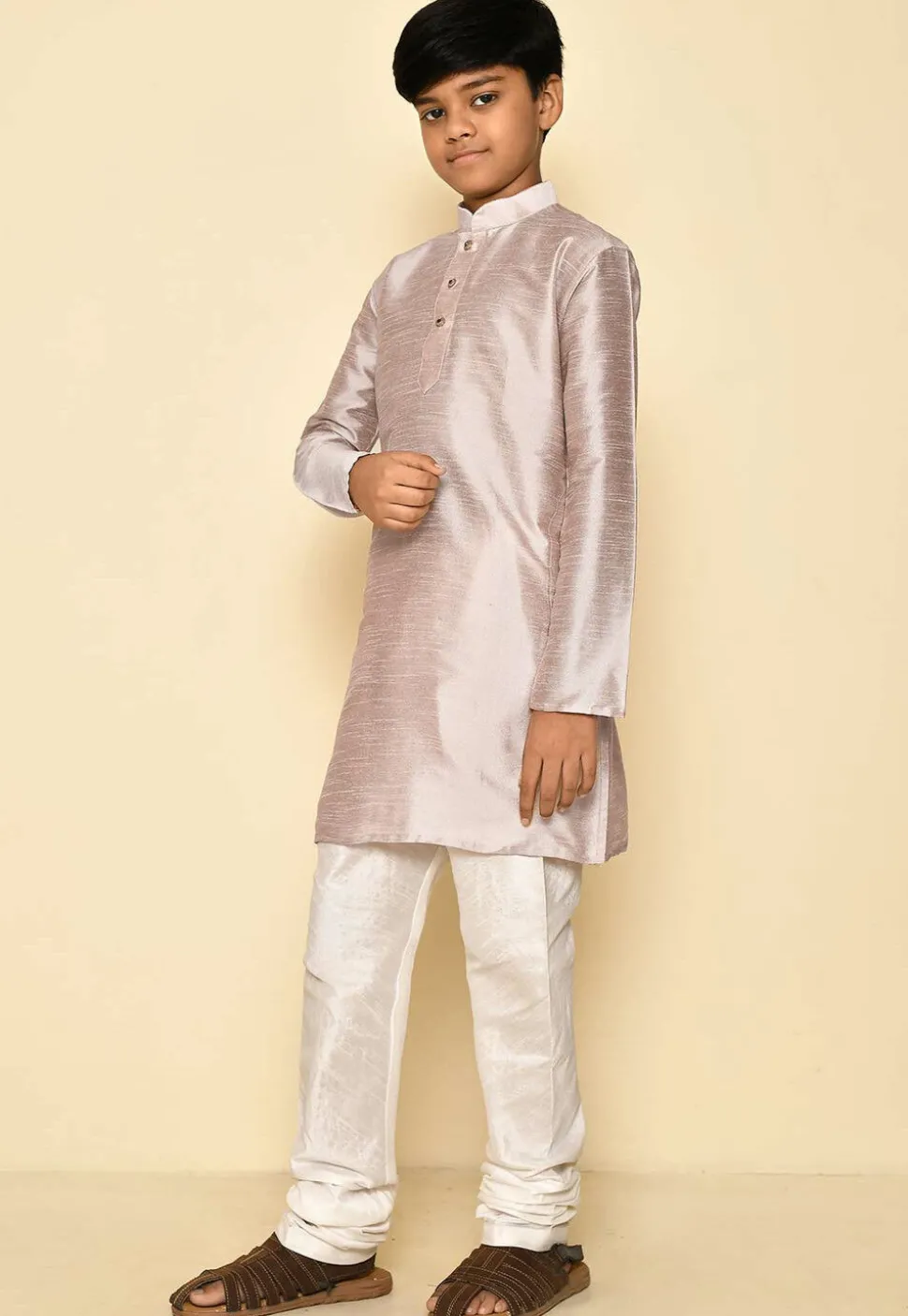 Solid Color Dupion Silk Kurta Set in Pastel Brown