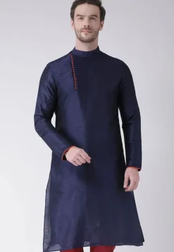 Solid Color Dupion Silk Kurta in Navy Blue