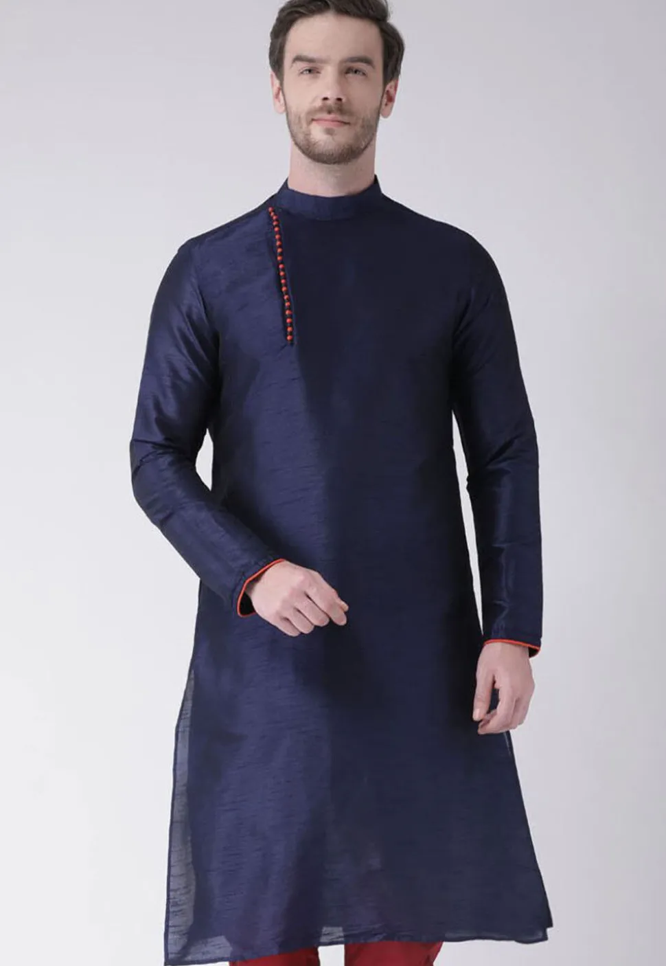 Solid Color Dupion Silk Kurta in Navy Blue