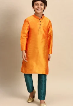 Solid Color Dupion Silk Kurta Set in Orange