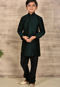 Solid Color Dupion Silk Kurta in Dark Green