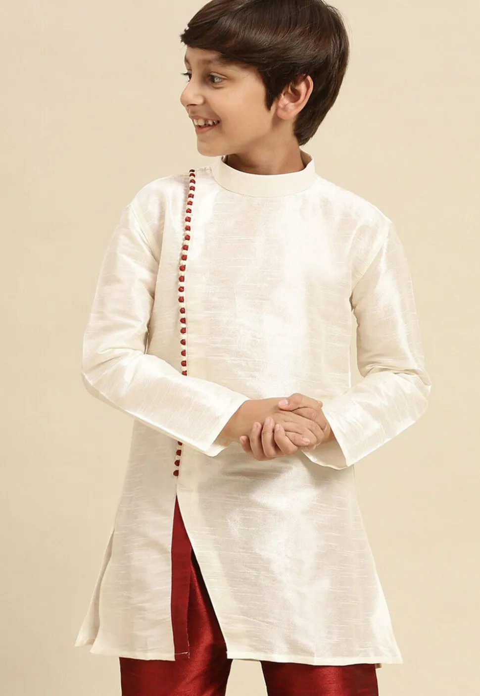 Solid Color Dupion Silk Kurta Pyjama Set in Off White