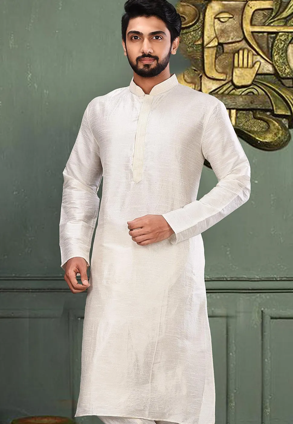 Solid Color Dupion Silk Kurta in Off White