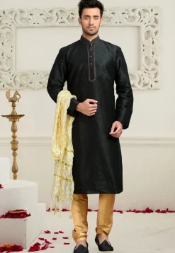 Solid Color Dupion Silk Kurta Set in Black