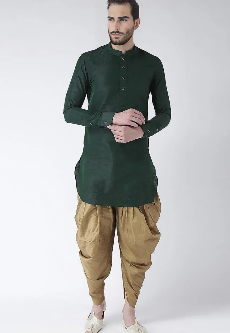 Solid Color Dupion Silk Kurta Set in Dark Green