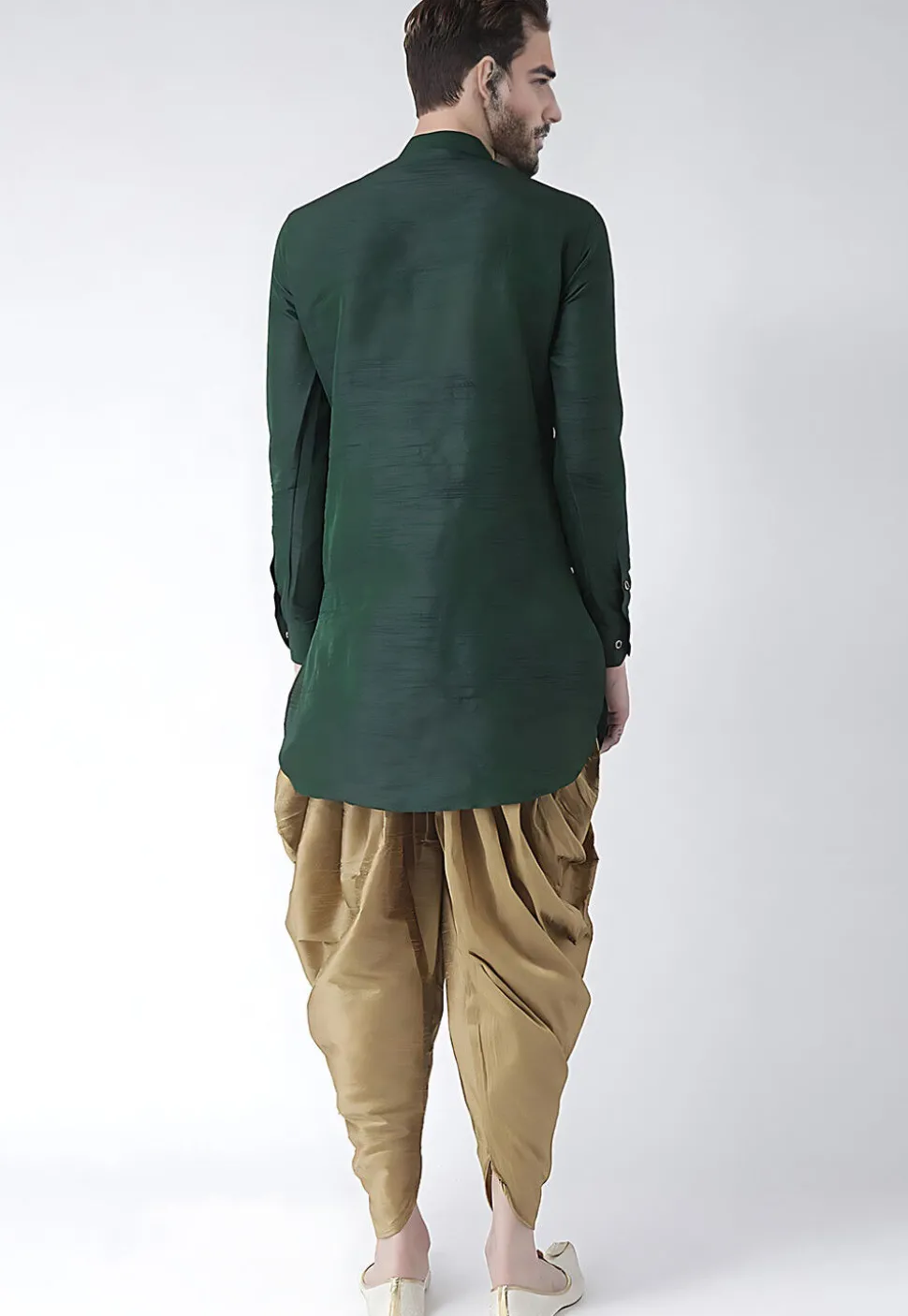 Solid Color Dupion Silk Kurta Set in Dark Green
