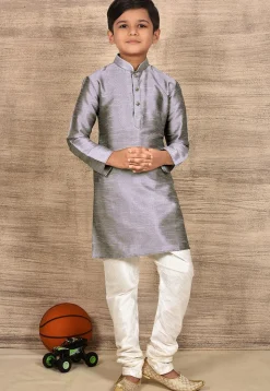 Solid Color Dupion Silk Kurta Set in Grey