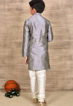Solid Color Dupion Silk Kurta Set in Grey