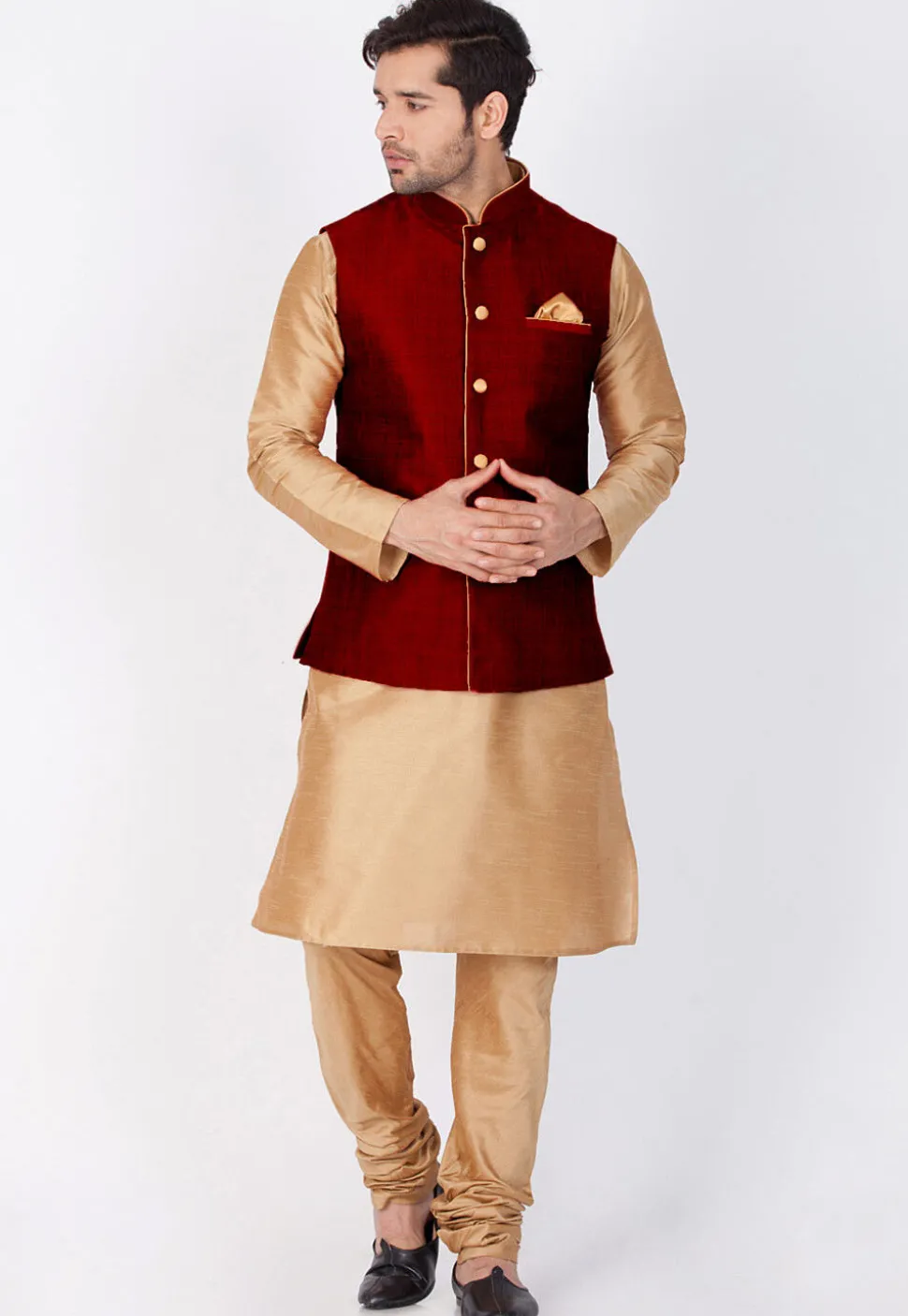 Solid Color Dupion Silk Kurta Jacket Set in Beige