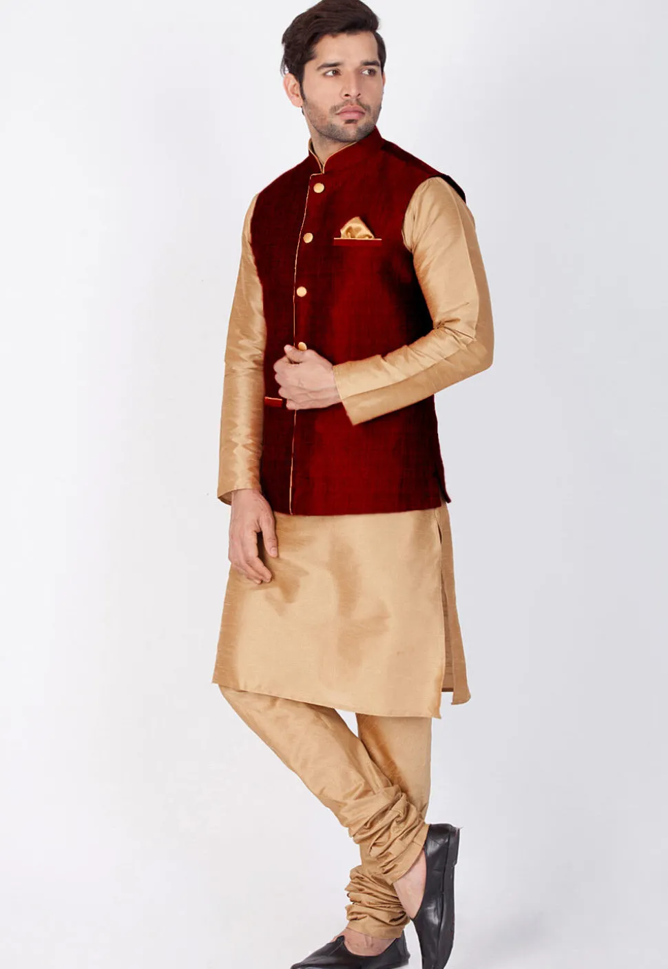 Solid Color Dupion Silk Kurta Jacket Set in Beige