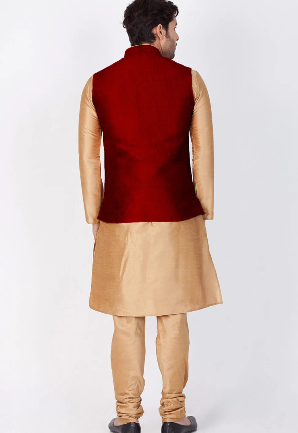 Solid Color Dupion Silk Kurta Jacket Set in Beige