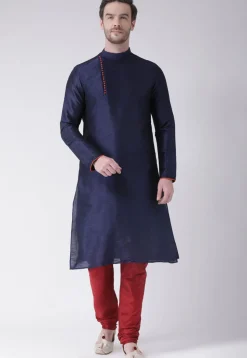 Solid Color Dupion Silk Kurta Set in Navy Blue