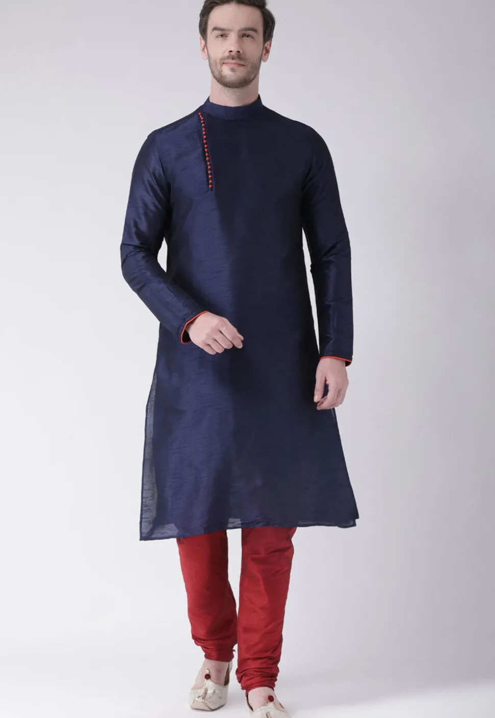 Solid Color Dupion Silk Kurta Set in Navy Blue