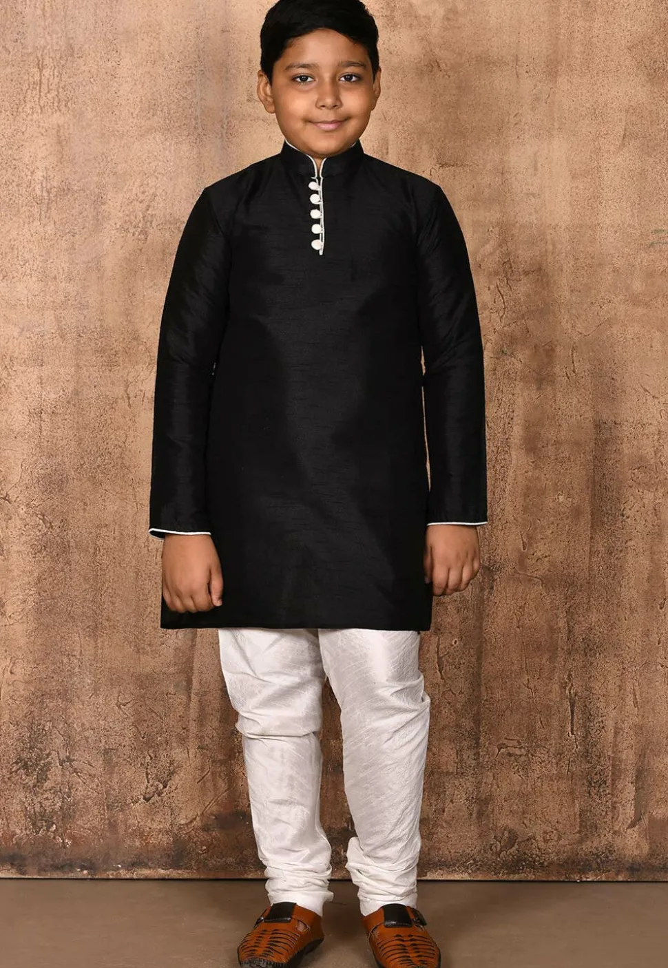 Solid Color Dupion Silk Kurta Set in Black
