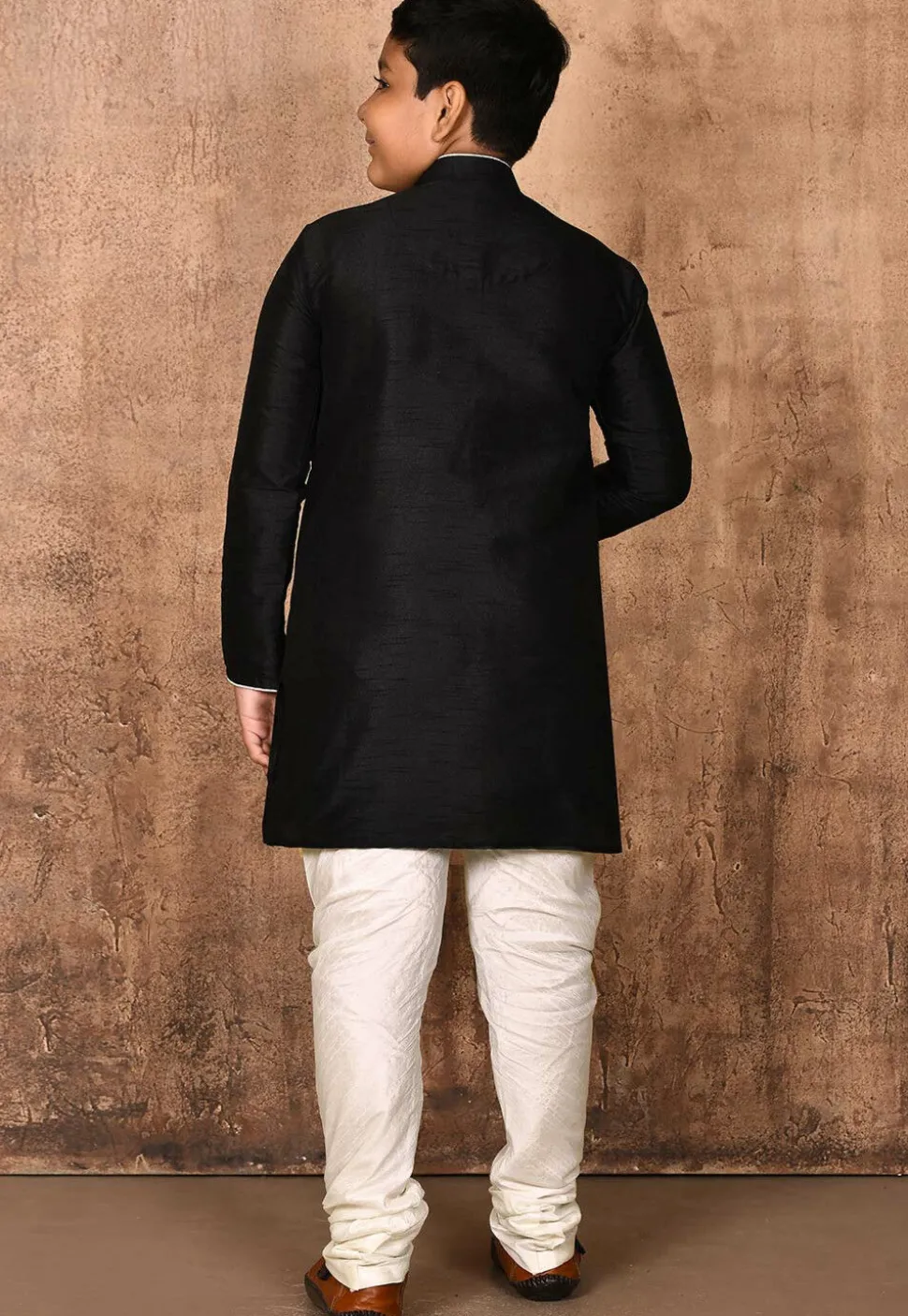 Solid Color Dupion Silk Kurta Set in Black