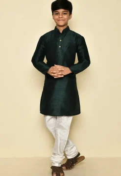 Solid Color Dupion Silk Kurta Set in Dark Green