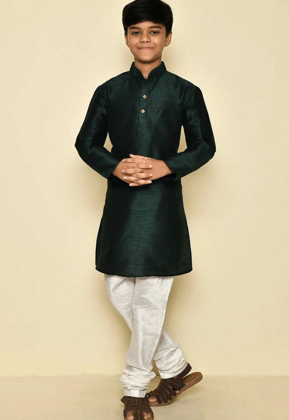 Solid Color Dupion Silk Kurta Set in Dark Green