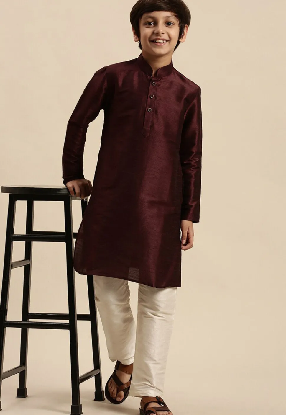 Solid Color Dupion Silk Kurta in Wine