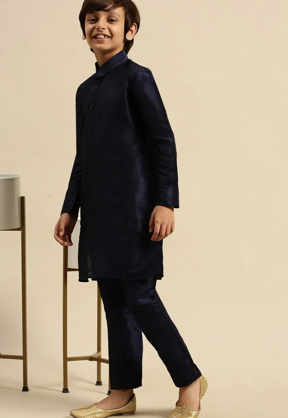 Solid Color Dupion Silk Kurta in Navy Blue