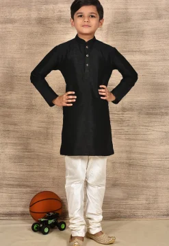 Solid Color Dupion Silk Kurta Set in Black