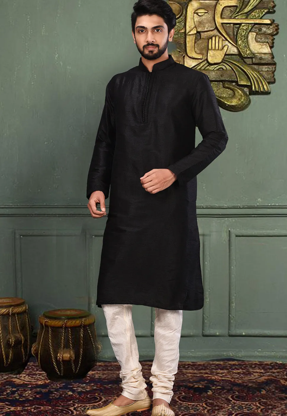 Solid Color Dupion Silk Kurta Set in Black