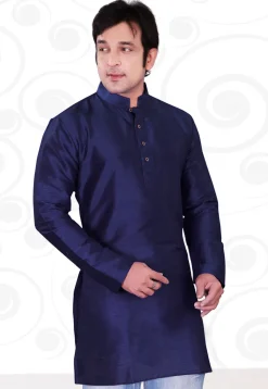 Solid Color Dupion Silk Kurta in Navy Blue