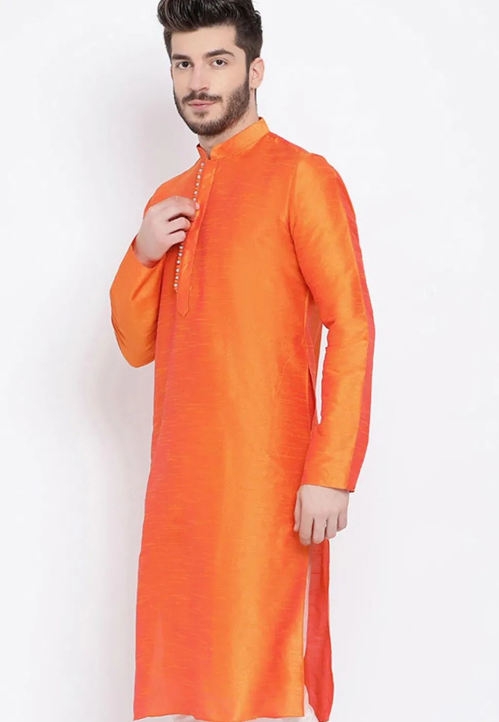 Solid Color Dupion Silk Kurta in Orange