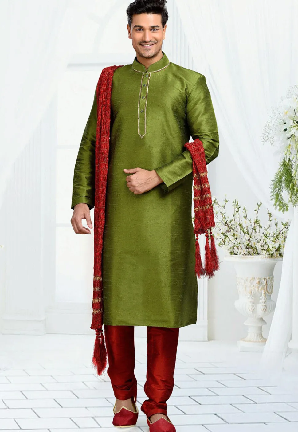 Solid Color Dupion Silk Kurta Set in Green