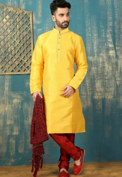Solid Color Dupion Silk Kurta Set in Yellow