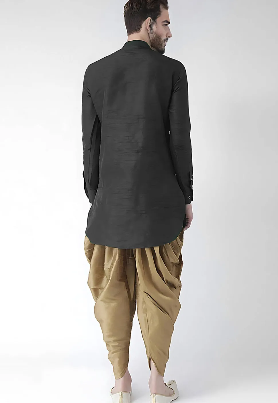 Solid Color Dupion Silk Kurta Set in Black