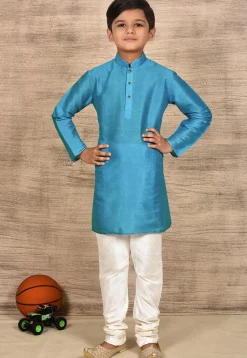 Solid Color Dupion Silk Kurta Set in Sky Blue