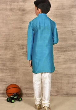 Solid Color Dupion Silk Kurta Set in Sky Blue