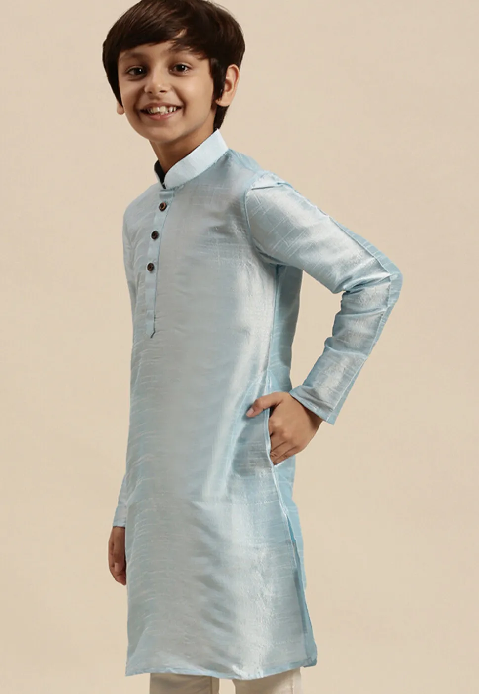 Solid Color Dupion Silk Kurta in Sky Blue