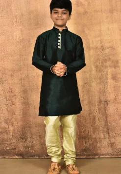 Solid Color Dupion Silk Kurta Set in Dark Green