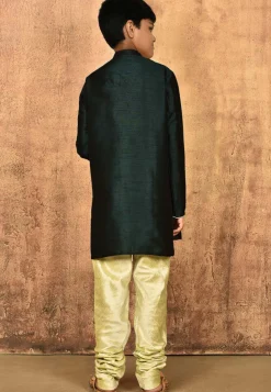 Solid Color Dupion Silk Kurta Set in Dark Green