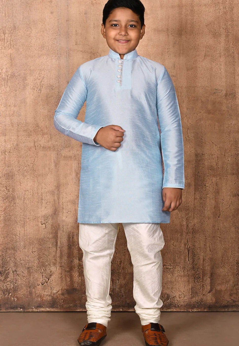 Solid Color Dupion Silk Kurta Set in Light Blue