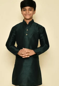 Solid Color Dupion Silk Kurta in Dark Green