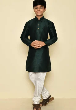Solid Color Dupion Silk Kurta in Dark Green