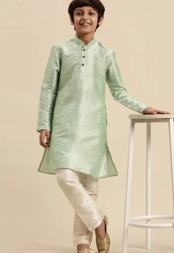 Solid Color Dupion Silk Kurta Pyjama Set in Pastel Green