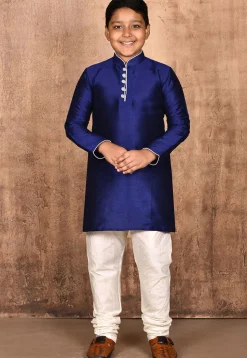 Solid Color Dupion Silk Kurta Set in Navy Blue